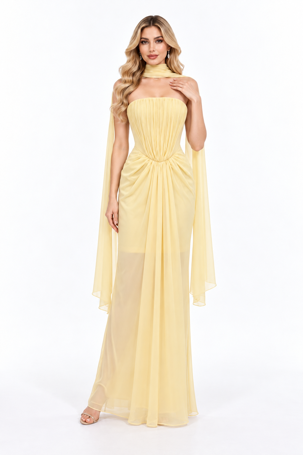 Pleated Draped Scarf Evening Gown - Solivene