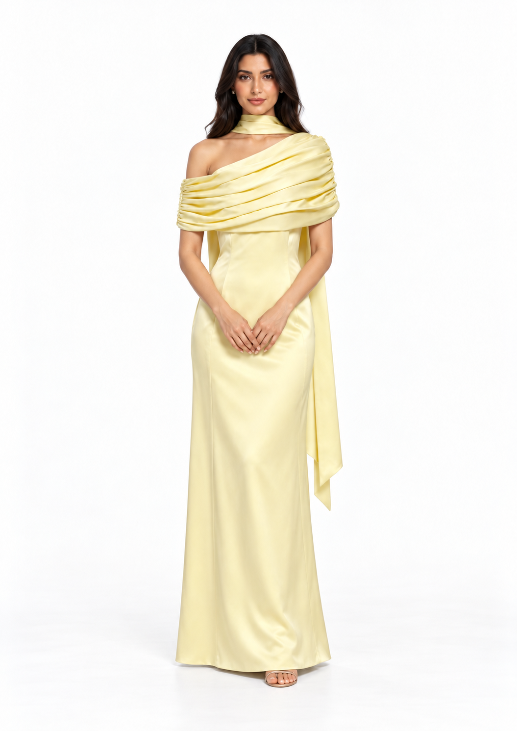 Draped Off-Shoulder Satin Evening Gown - Meravelle