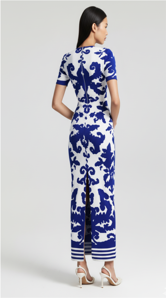 Short-Sleeve Bodycon Maxi Dress with Ornate Print – AZURE