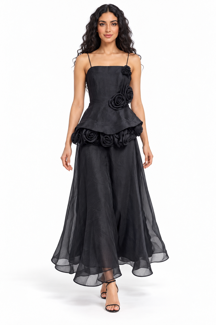 Floral Rosette Peplum Evening Gown - Rosamira