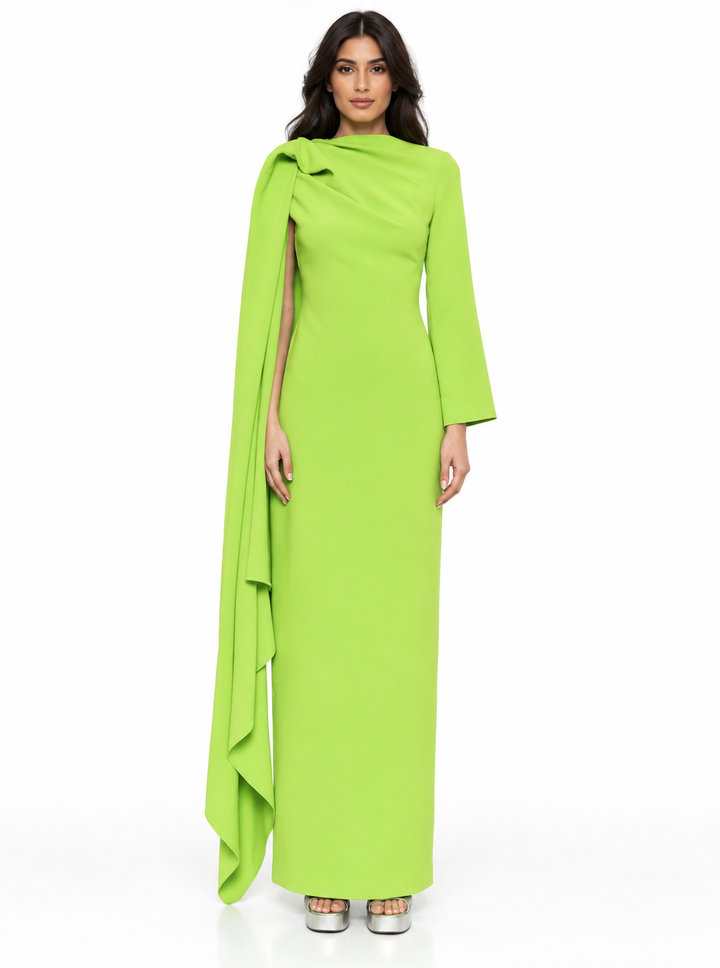Lime Green Asymmetric Draped Cape Maxi Dress - Zaria