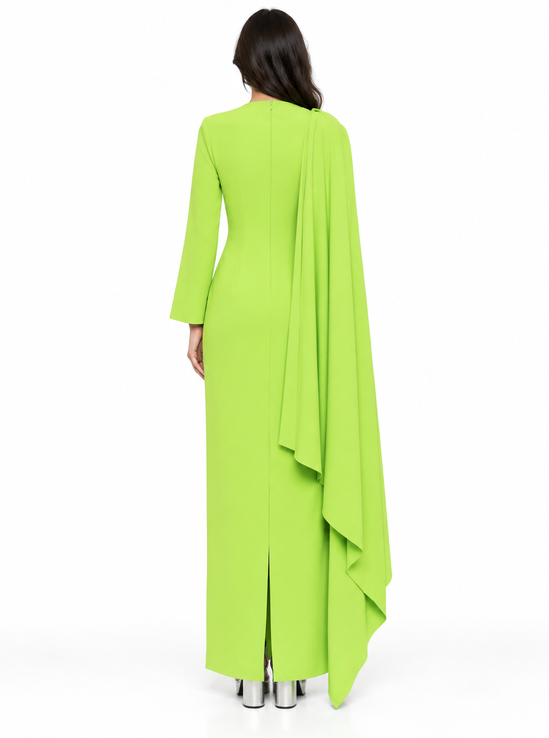 Lime Green Asymmetric Draped Cape Maxi Dress - Zaria
