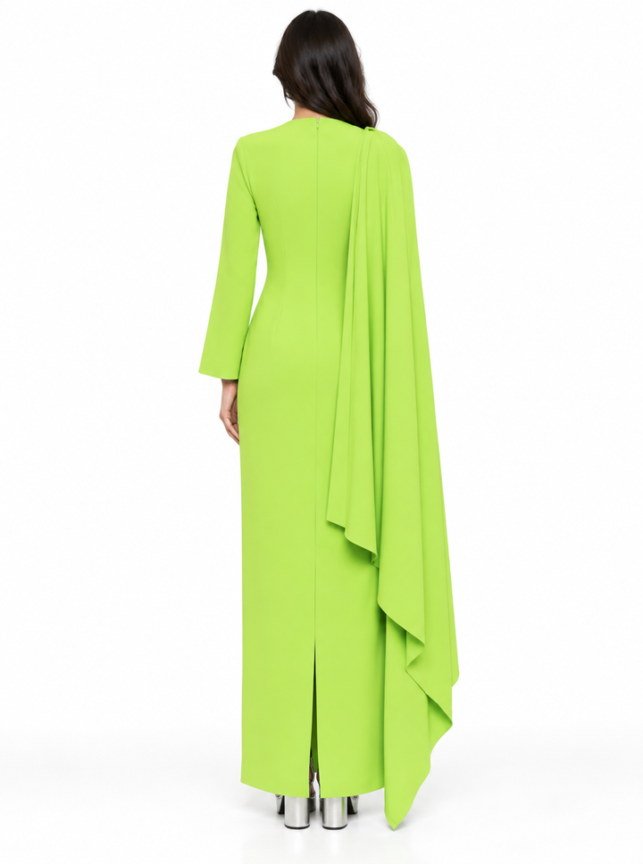Lime Green Asymmetric Draped Cape Maxi Dress - Zaria