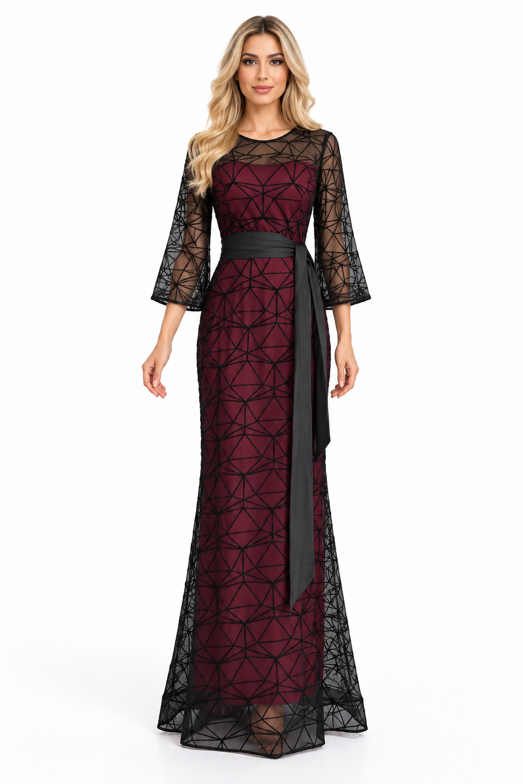 Geometric Lace Belted Maxi Dress – Zafira