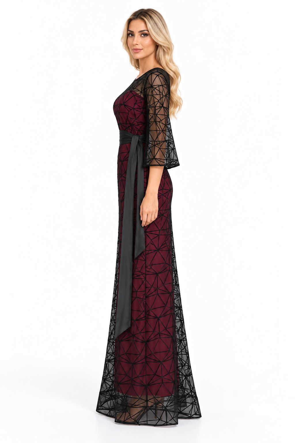 Geometric Lace Belted Maxi Dress – Zafira