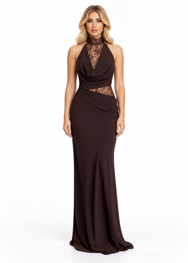 Lace Insert Draped Halter Maxi Dress – Selene