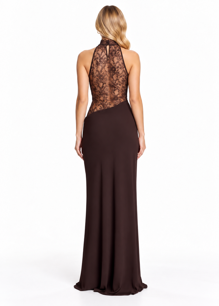 Lace Insert Draped Halter Maxi Dress – Selene