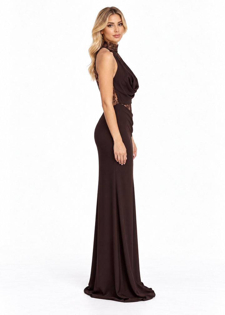 Lace Insert Draped Halter Maxi Dress – Selene