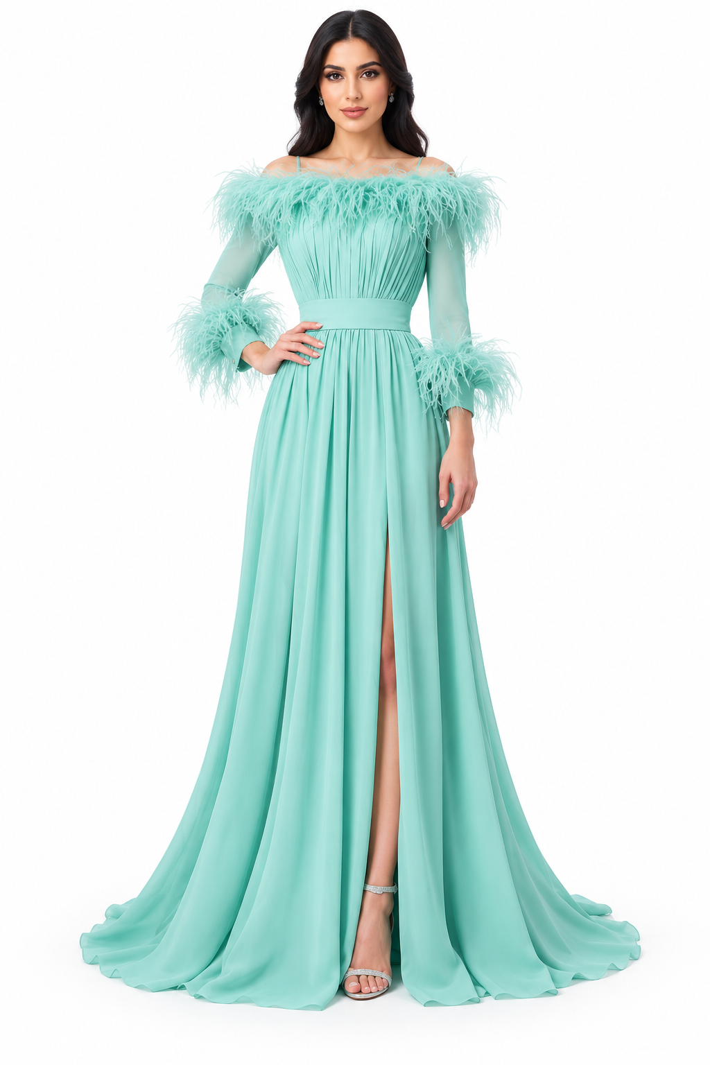 Feather-Trimmed Off-Shoulder Maxi Dress – Azura