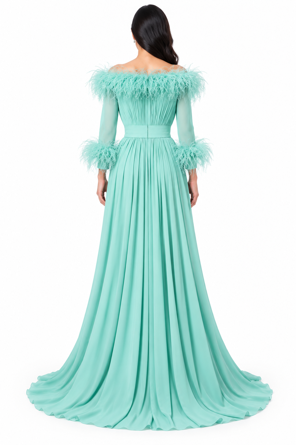 Feather-Trimmed Off-Shoulder Maxi Dress – Azura