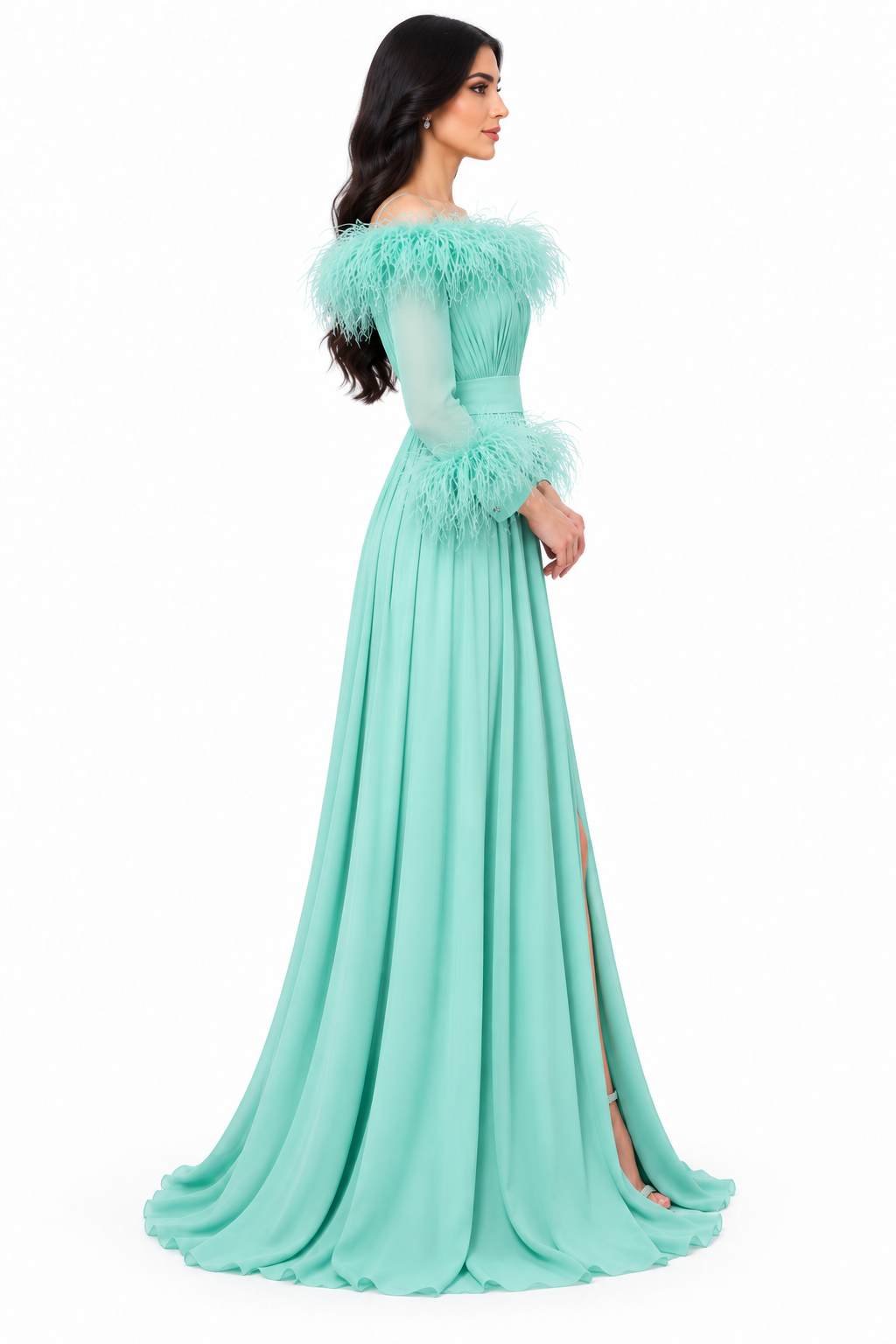 Feather-Trimmed Off-Shoulder Maxi Dress – Azura