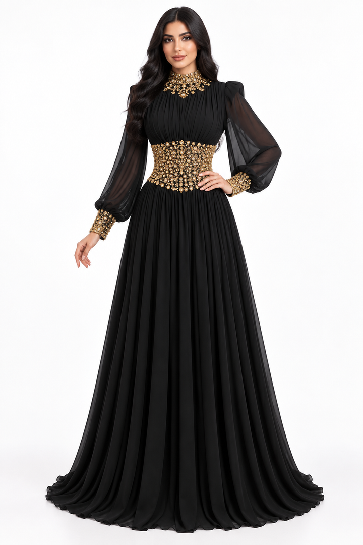 Embellished Corset Waist Long Sleeve Maxi Dress – Amara
