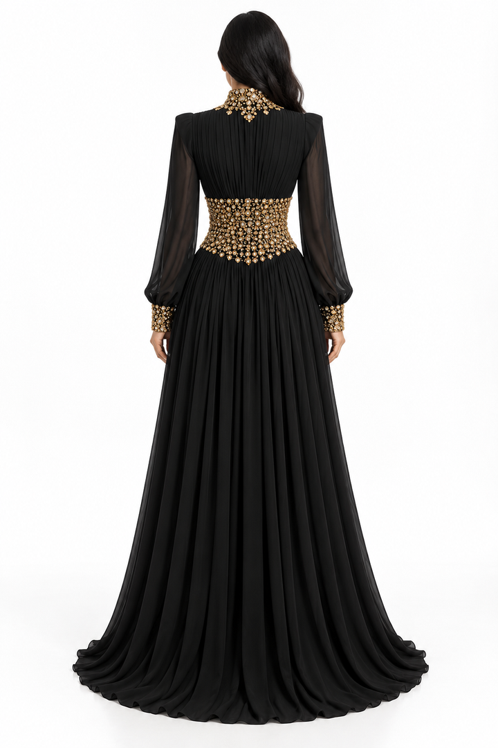 Embellished Corset Waist Long Sleeve Maxi Dress – Amara