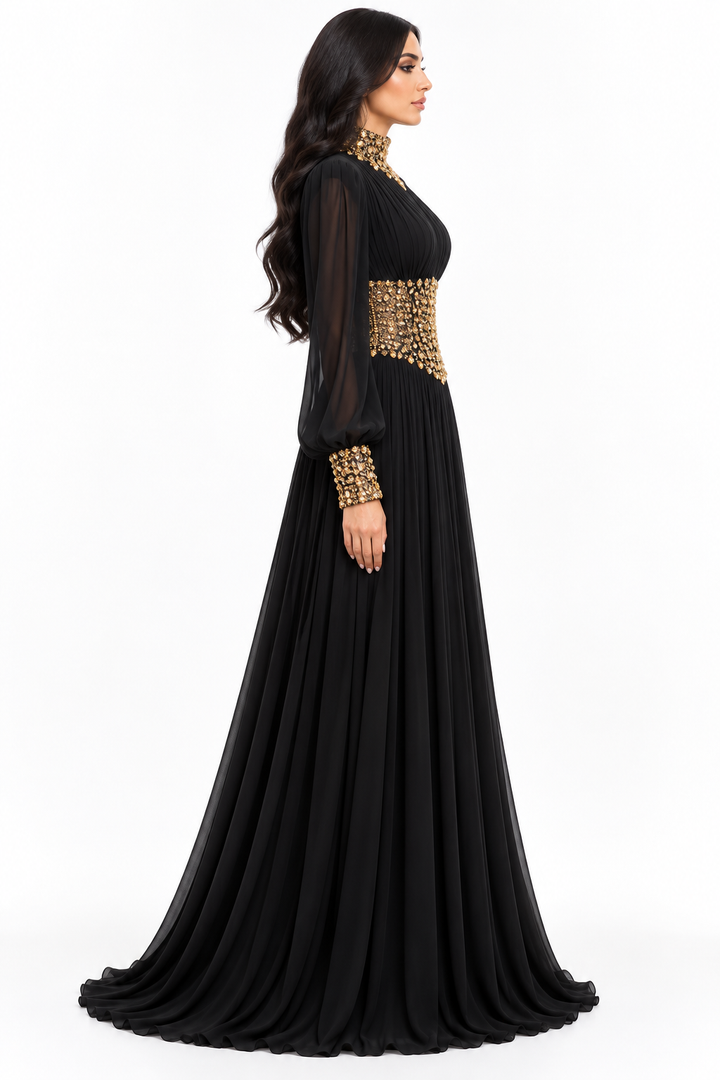 Embellished Corset Waist Long Sleeve Maxi Dress – Amara