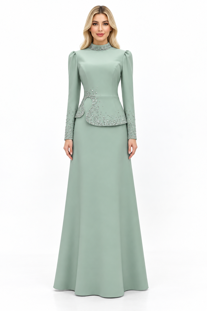 Embellished Peplum Long Sleeve Maxi Dress – Selvara