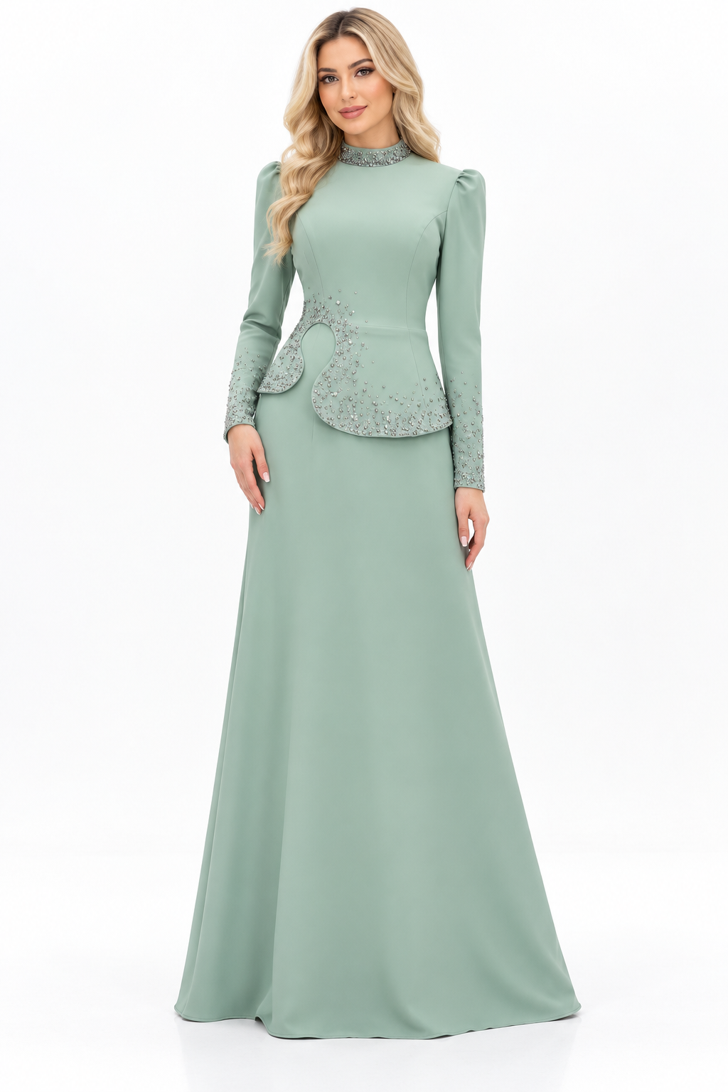 Embellished Peplum Long Sleeve Maxi Dress – Selvara