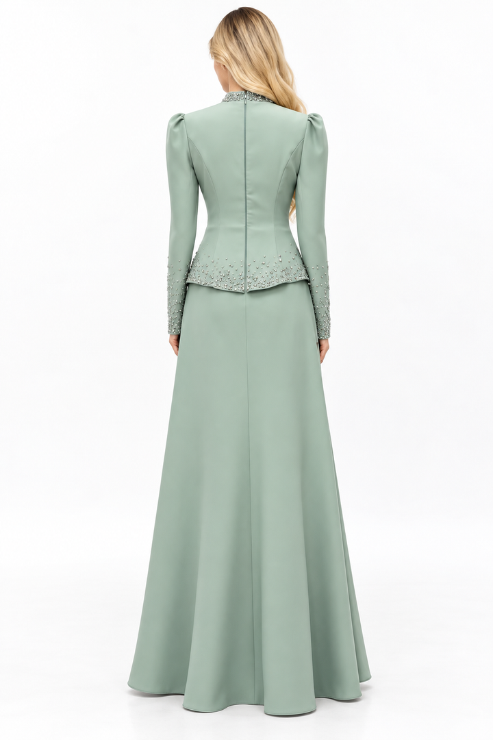 Embellished Peplum Long Sleeve Maxi Dress – Selvara