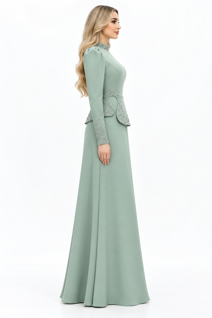 Embellished Peplum Long Sleeve Maxi Dress – Selvara