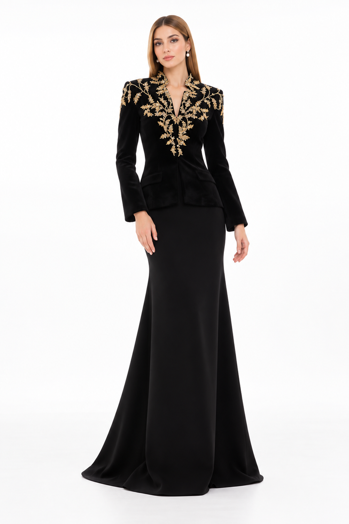 Gold Embroidered Velvet Blazer Maxi Dress – Valeria