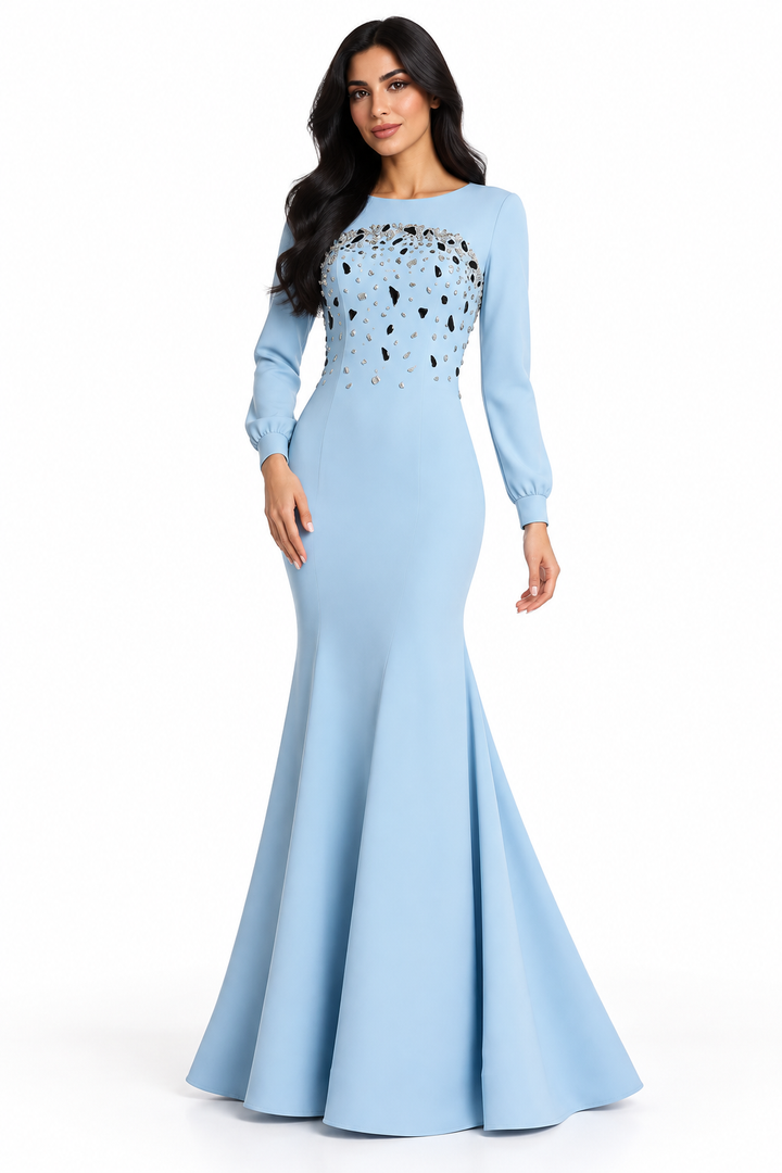 Crystal Embellished Long Sleeve Mermaid Maxi Dress – Celestine