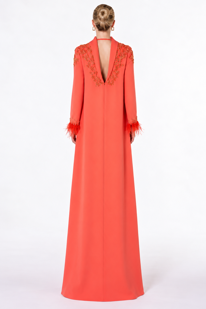 Feather Cuff Embellished Long Sleeve Maxi Dress – Coralia