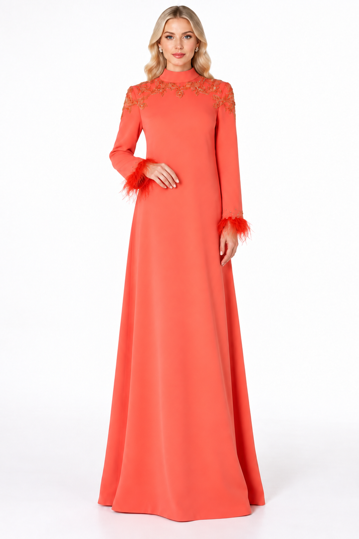 Feather Cuff Embellished Long Sleeve Maxi Dress – Coralia