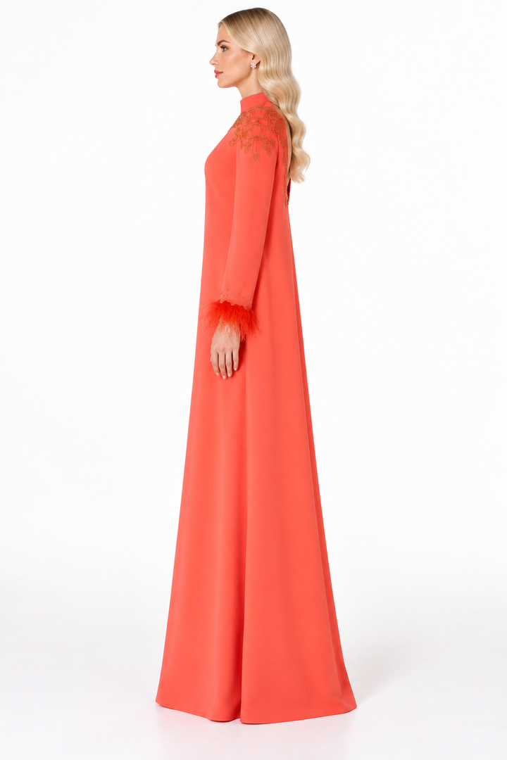 Feather Cuff Embellished Long Sleeve Maxi Dress – Coralia