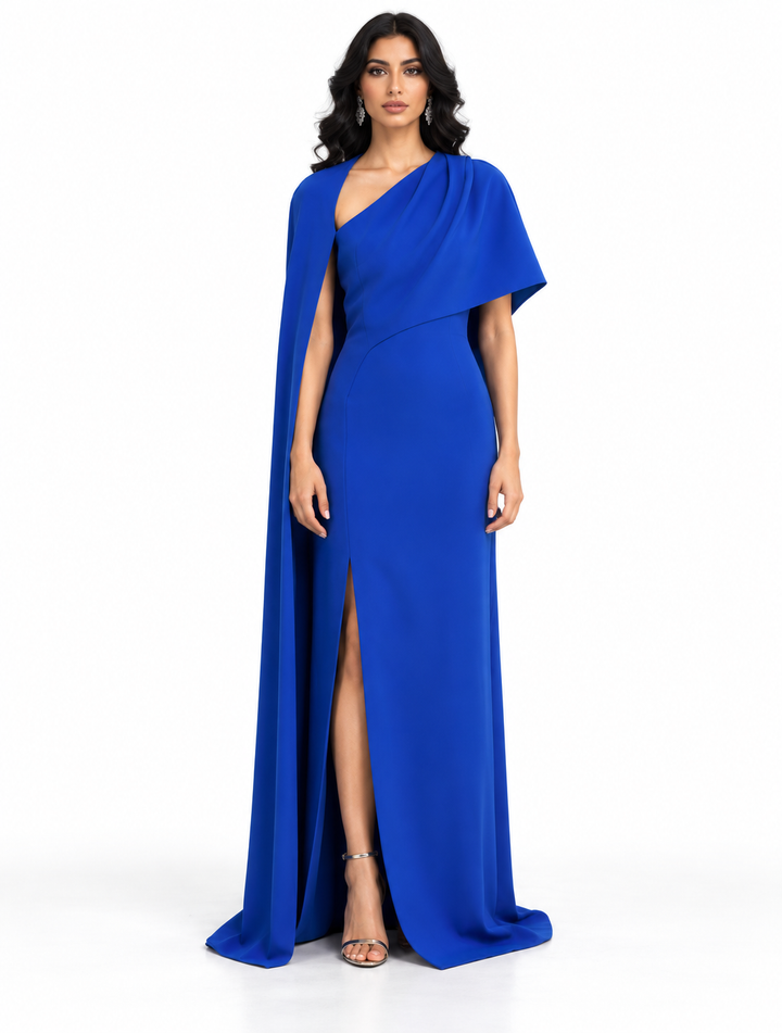 Asymmetric Cape Sleeve Slit Maxi Dress – Solenne