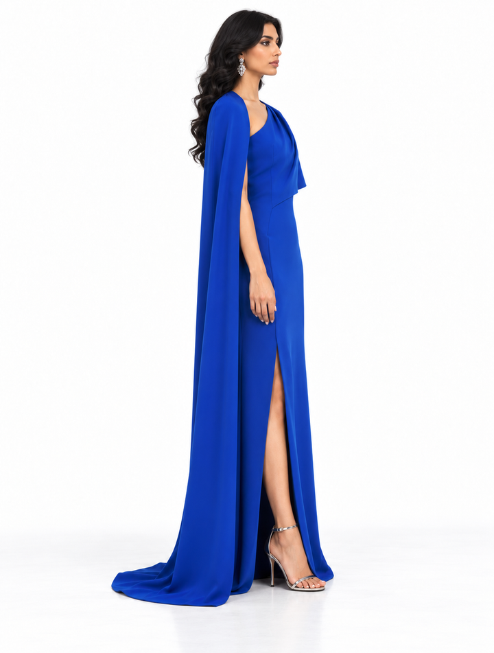 Asymmetric Cape Sleeve Slit Maxi Dress – Solenne