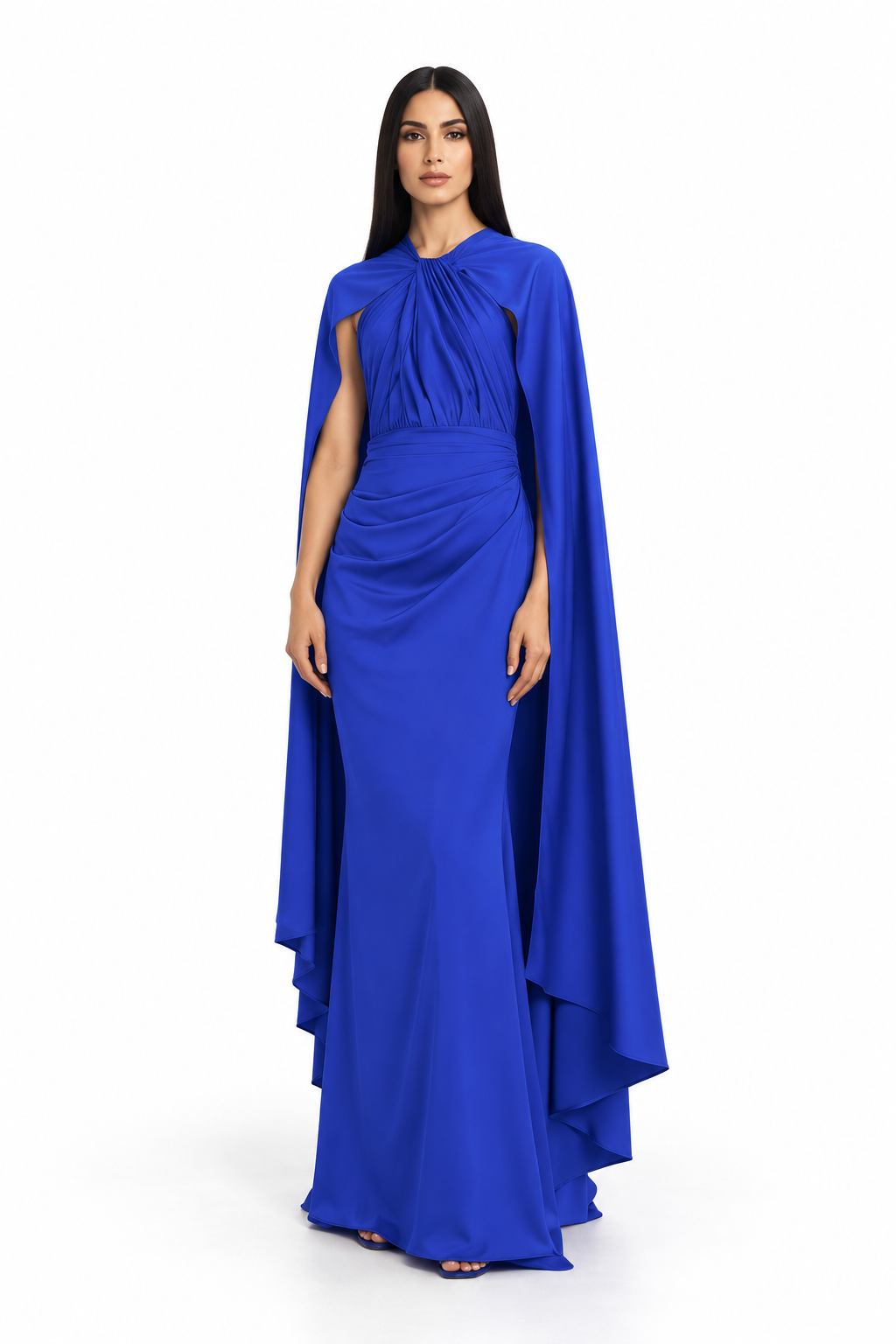 Draped Cape Ruched Maxi Dress – Elara