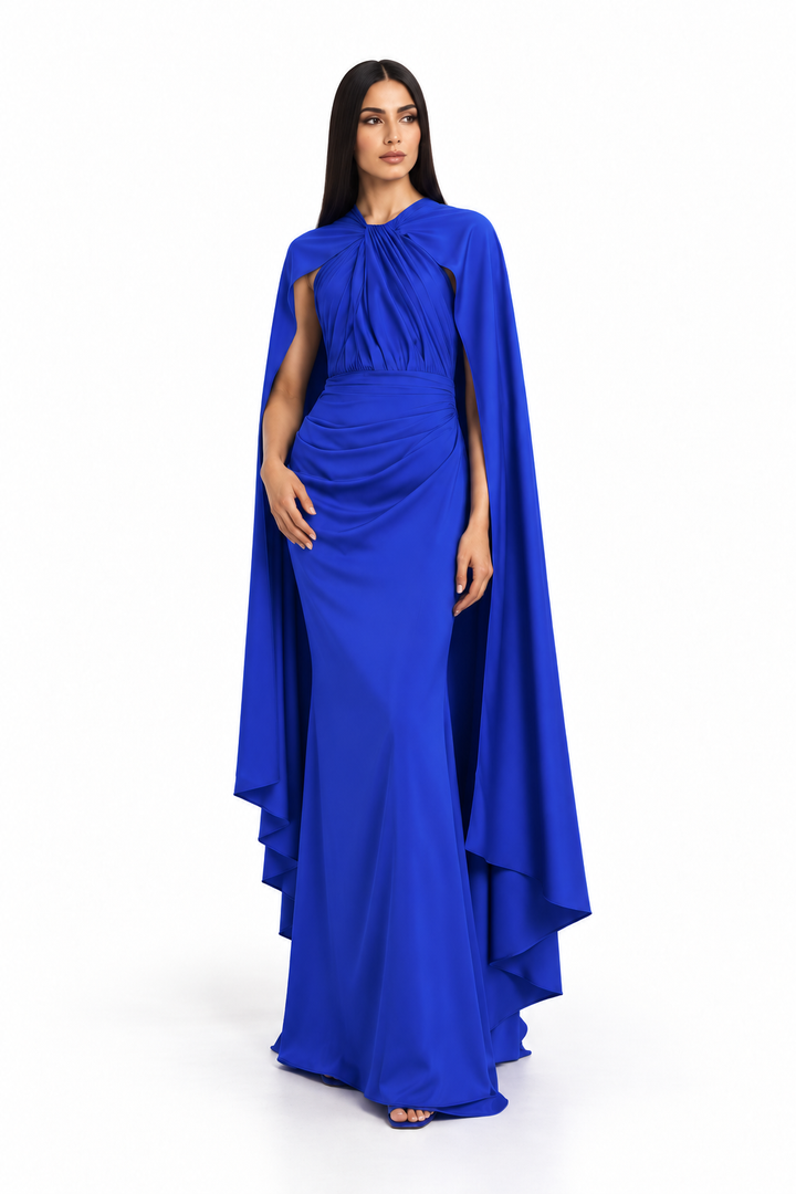 Draped Cape Ruched Maxi Dress – Elara