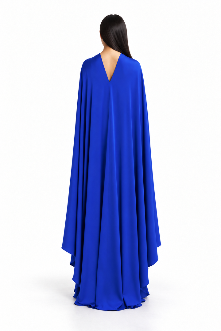 Draped Cape Ruched Maxi Dress – Elara