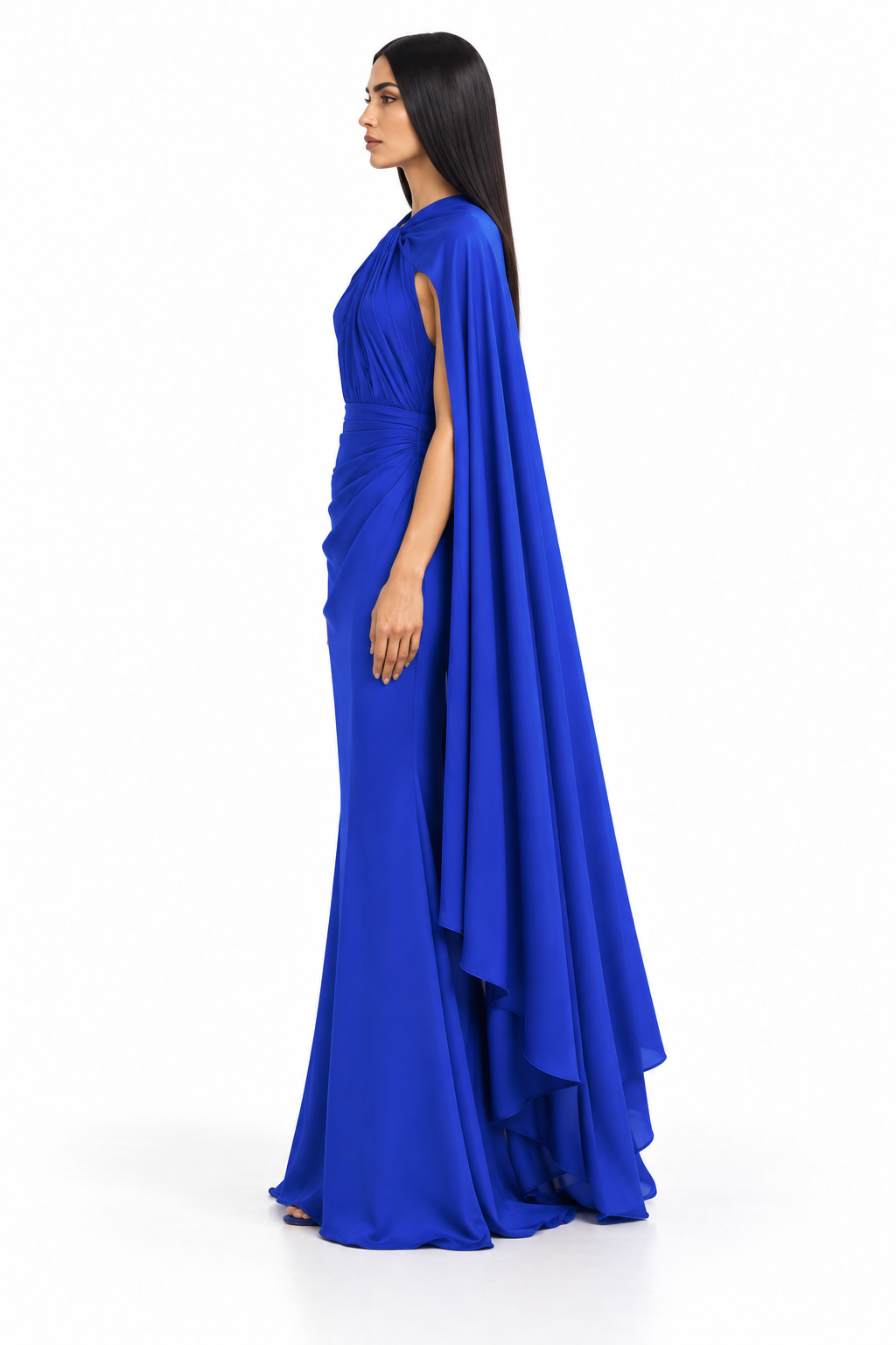 Draped Cape Ruched Maxi Dress – Elara