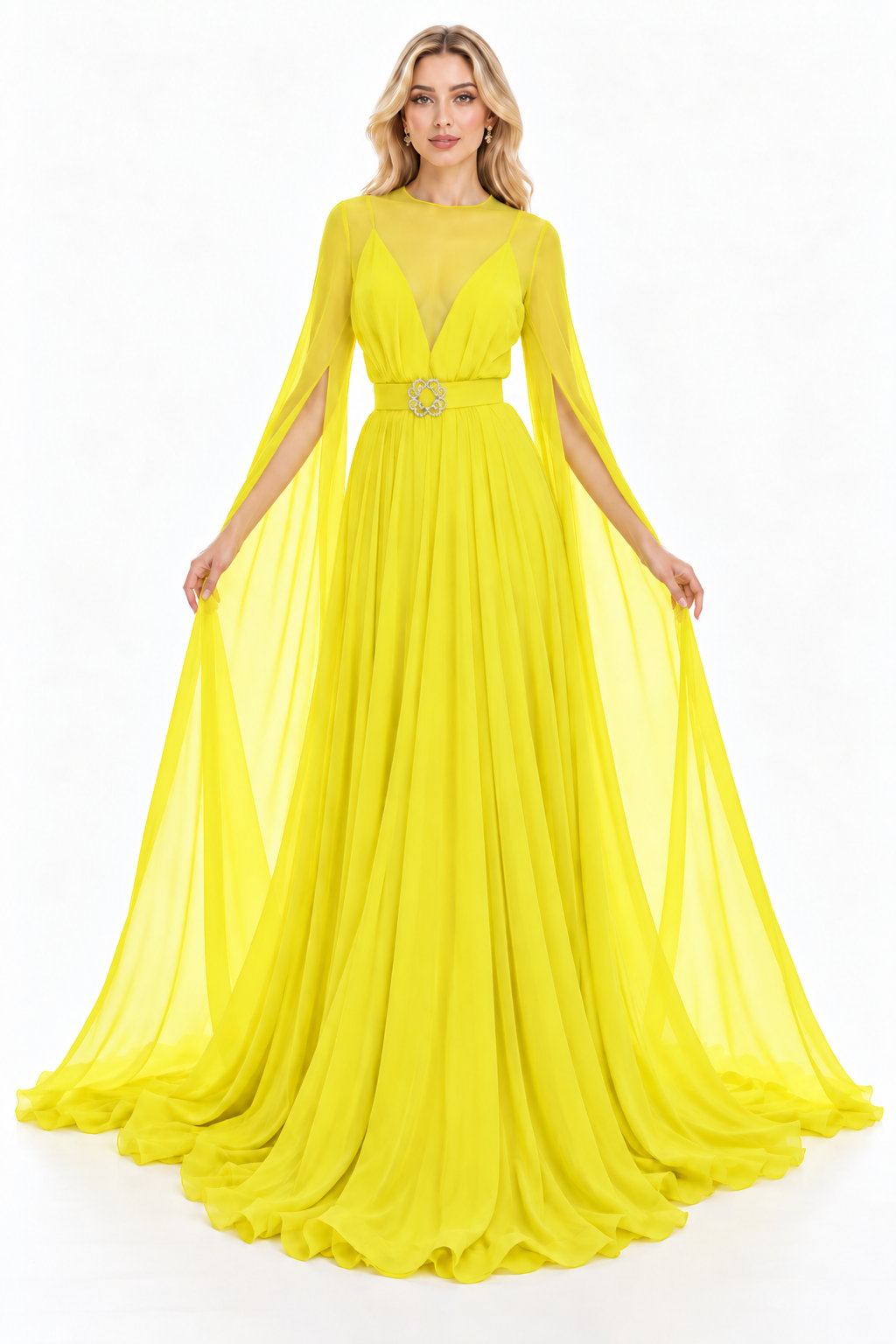 Belted Cape Sleeve Chiffon Maxi Dress – Aurelia