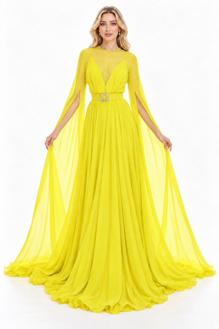 Belted Cape Sleeve Chiffon Maxi Dress – Aurelia