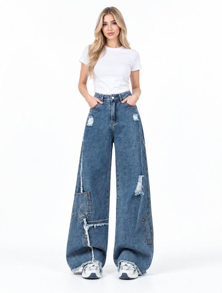Distressed Patchwork Wide Leg Denim Jeans – Marlowe