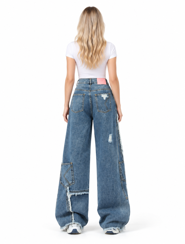 Distressed Patchwork Wide Leg Denim Jeans – Marlowe