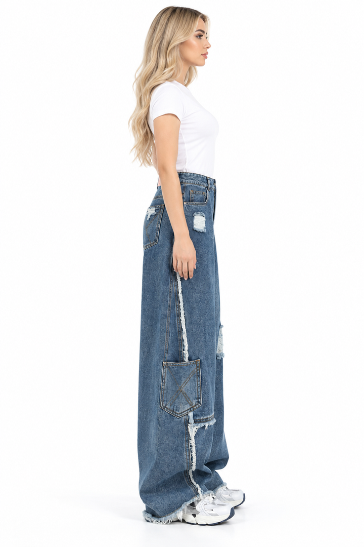Distressed Patchwork Wide Leg Denim Jeans – Marlowe