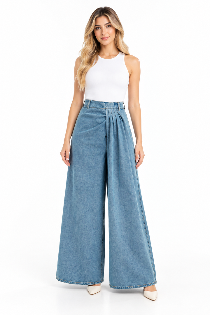 Pleated Waist Wide Leg Denim Jeans – Calista