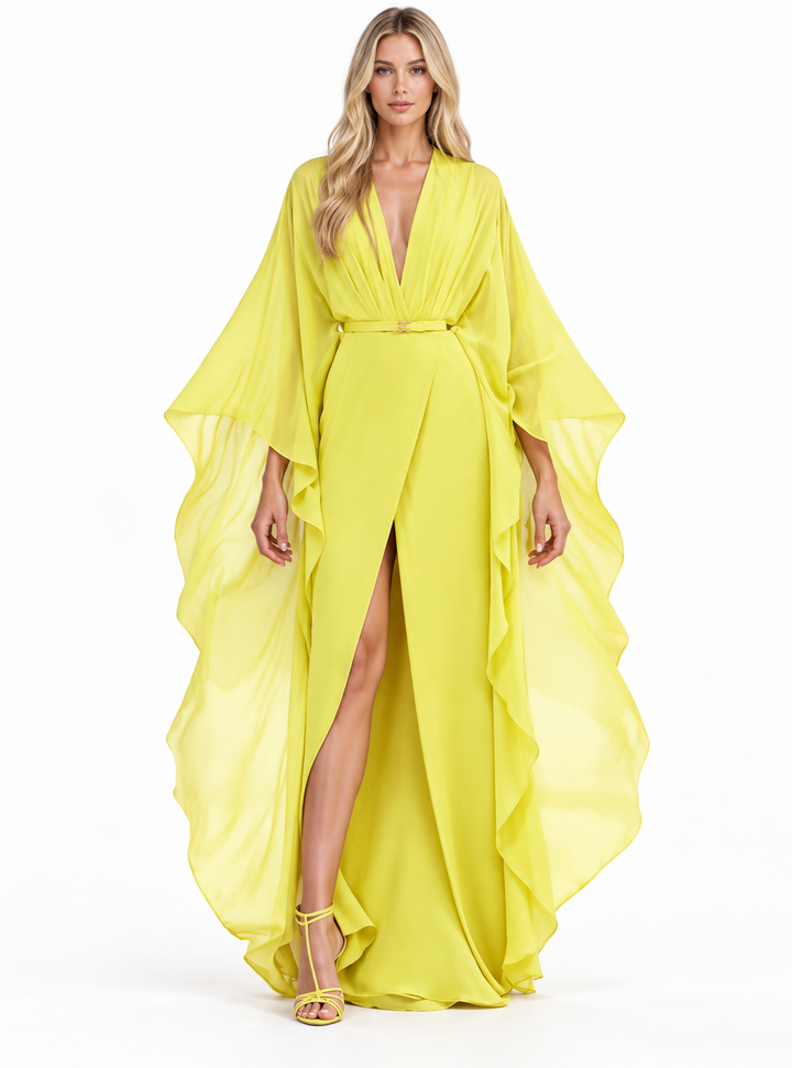 Belted Plunge Neck Cape Maxi Dress – Solara