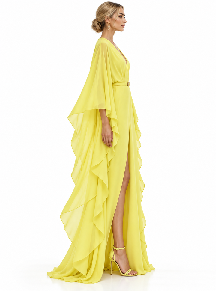 Belted Plunge Neck Cape Maxi Dress – Solara