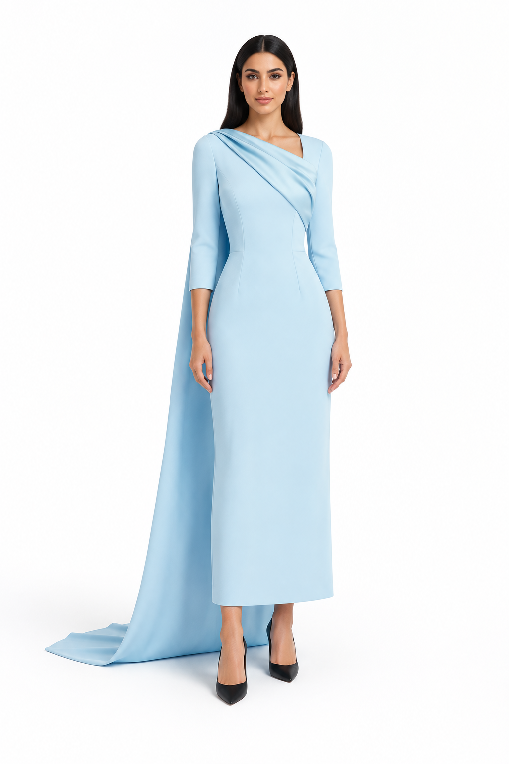 Draped Neck Cape Back Midi Dress – Celestia
