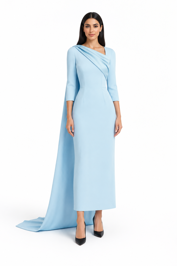 Draped Neck Cape Back Midi Dress – Celestia