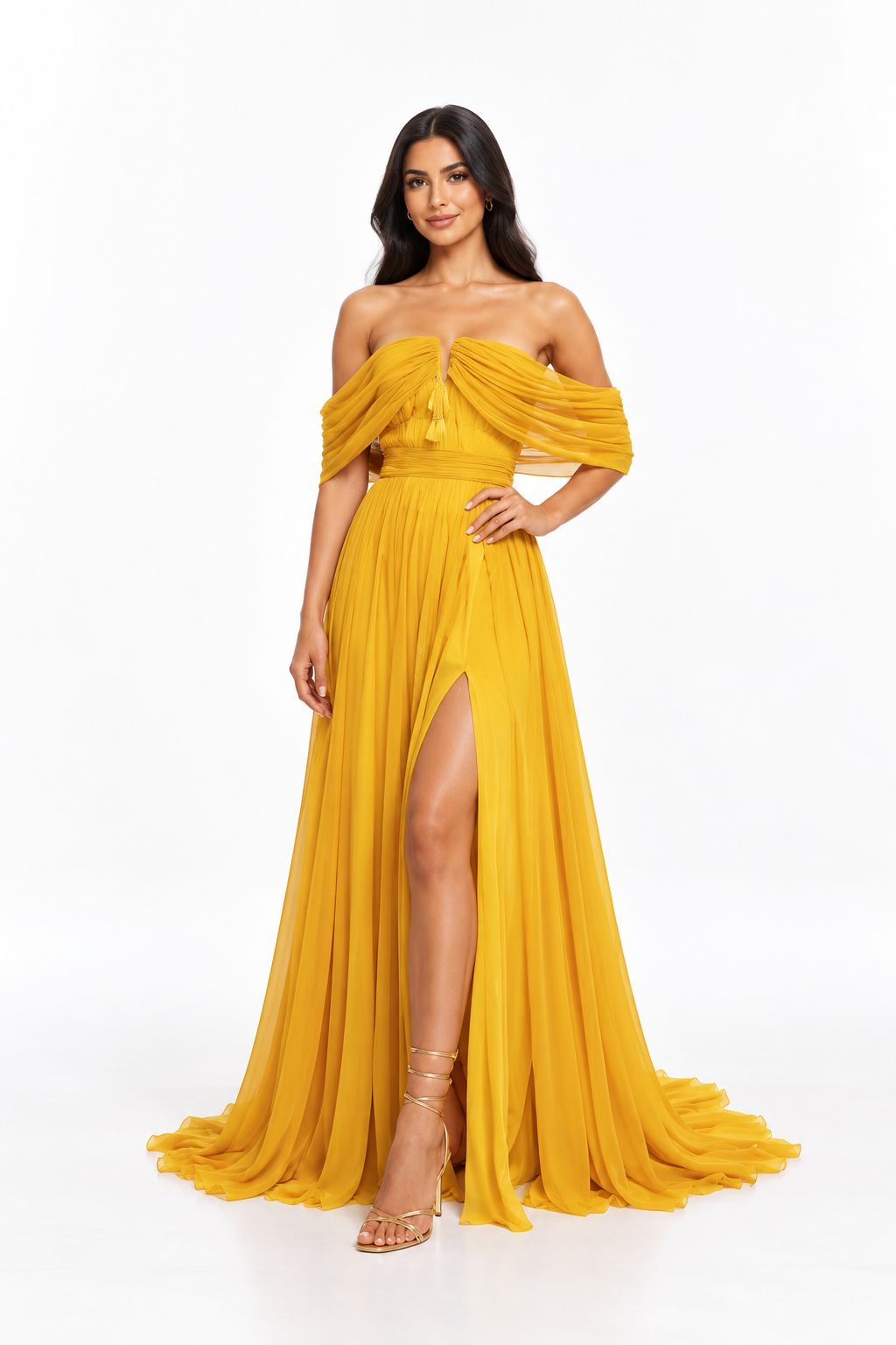 Off Shoulder Pleated Slit Maxi Dress – Marigold