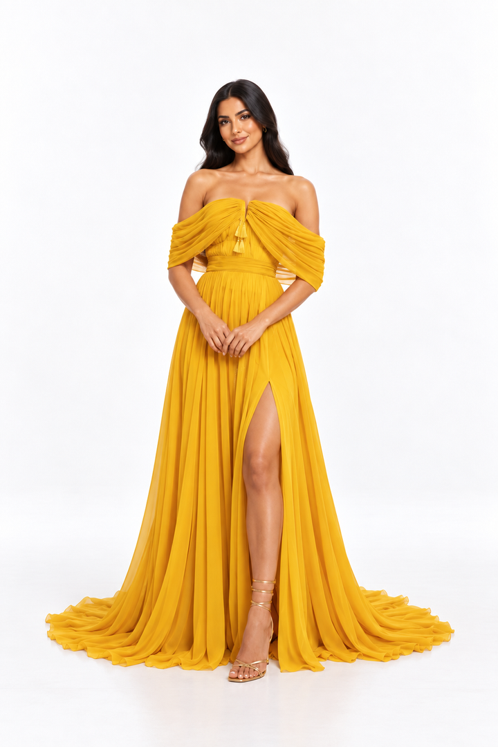 Off Shoulder Pleated Slit Maxi Dress – Marigold