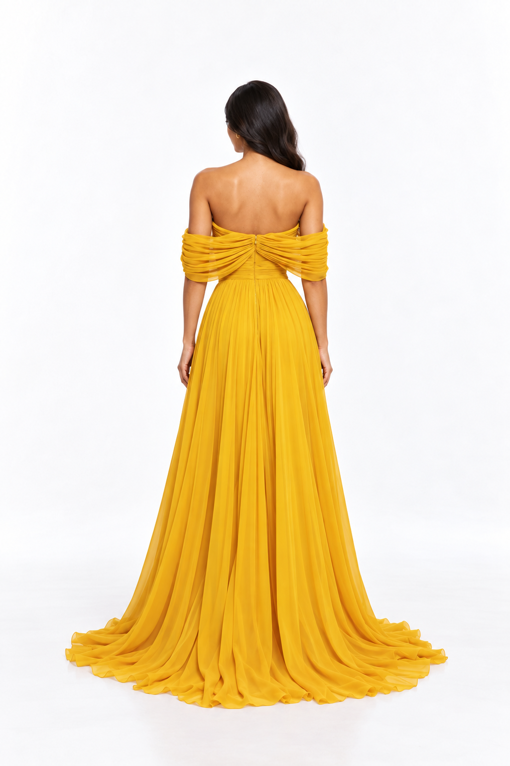 Off Shoulder Pleated Slit Maxi Dress – Marigold