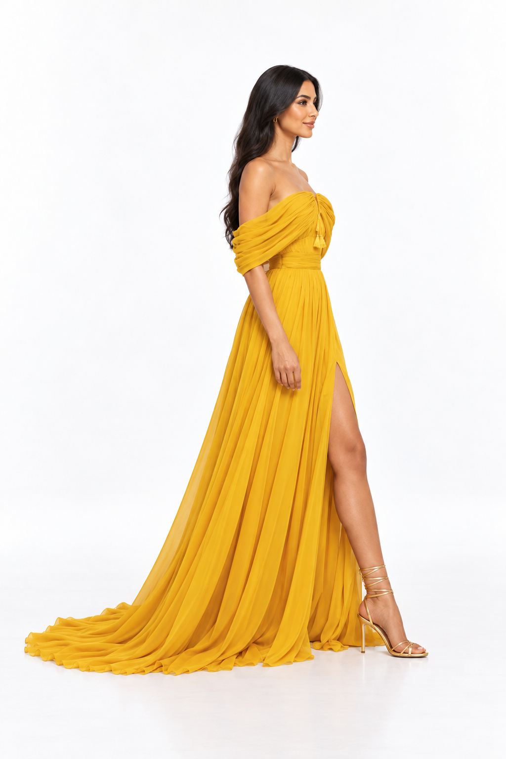 Off Shoulder Pleated Slit Maxi Dress – Marigold