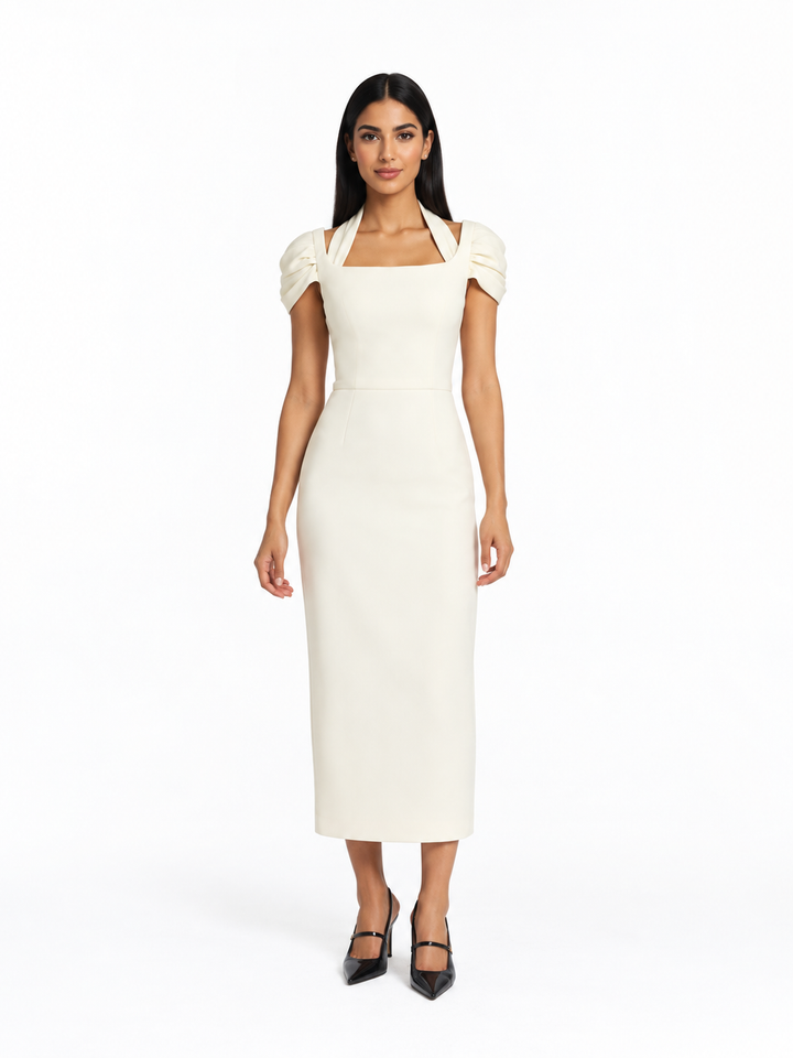 Square Neck Puff Sleeve Midi Dress – Elara