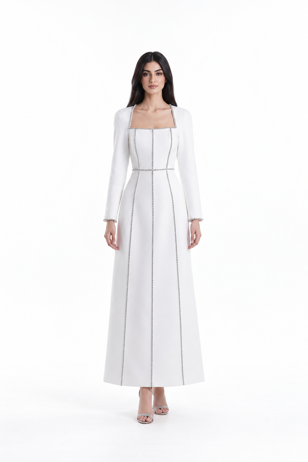 Square-neck long-sleeve midi dress with contrast trim – Elara