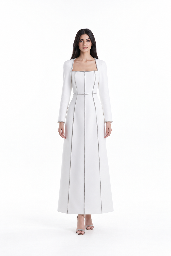 Square-neck long-sleeve midi dress with contrast trim – Elara